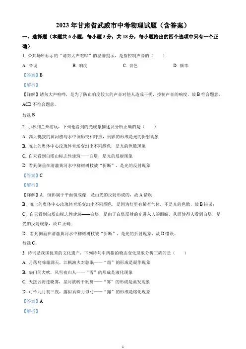 2023年甘肃省武威市中考物理试题(含答案)