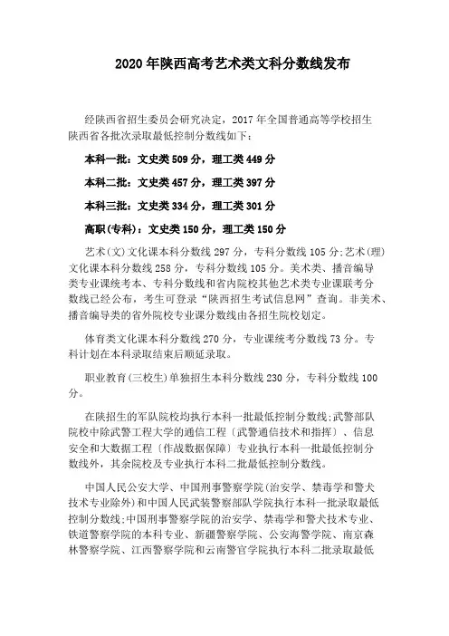2020年陕西高考艺术类文科分数线发布