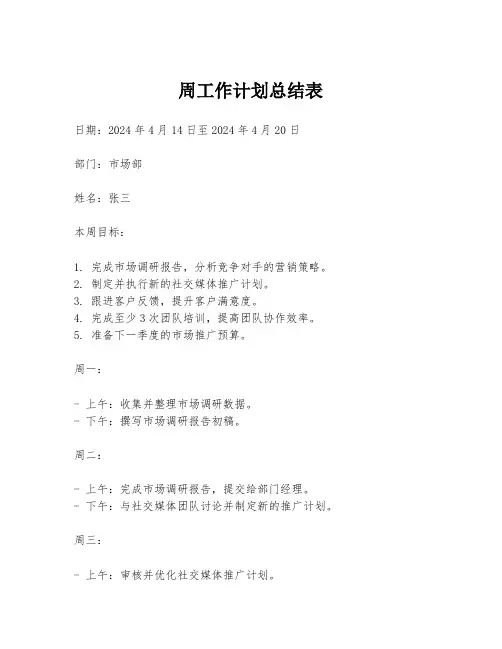 周工作计划总结表