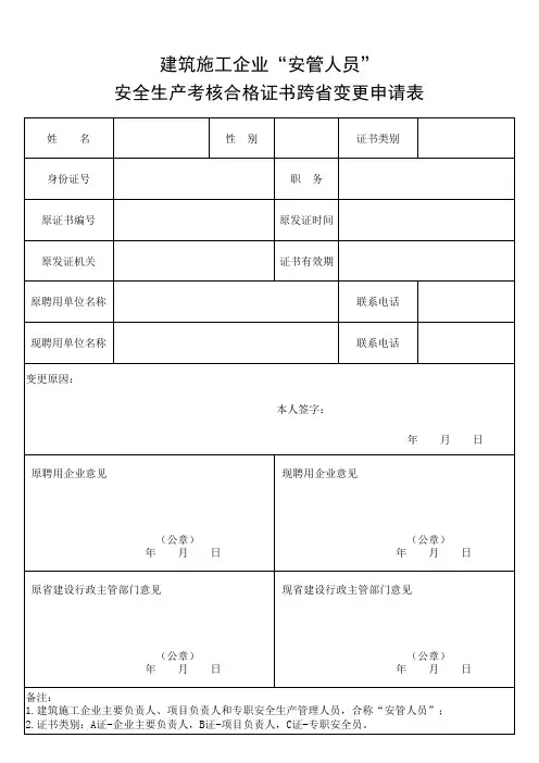 建筑施工企业“安管人员”安全生产考核合格证书跨省变更申请表(样表)
