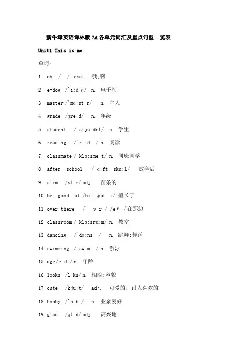 新牛津英语译林版A各单元词汇及重点句型一览表
