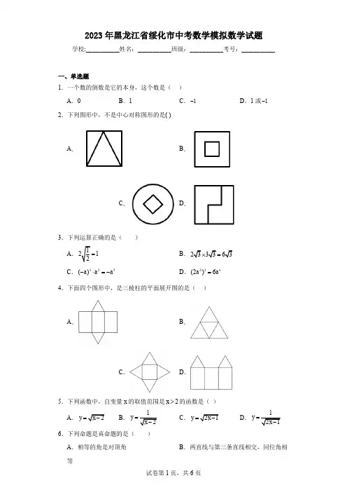 2023年黑龙江省绥化市中考数学模拟数学试题