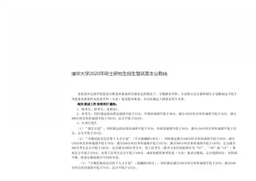 清华大学2020年硕士研究生招生复试基本分数线