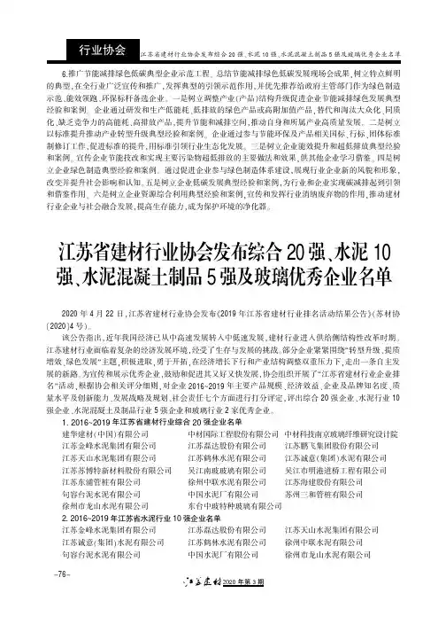 江苏省建材行业协会发布综合20强、水泥10强、水泥混凝土制品5强及玻璃优秀企业名单