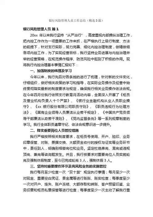 银行风险管理人员工作总结（精选3篇）