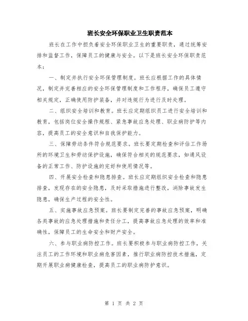班长安全环保职业卫生职责范本