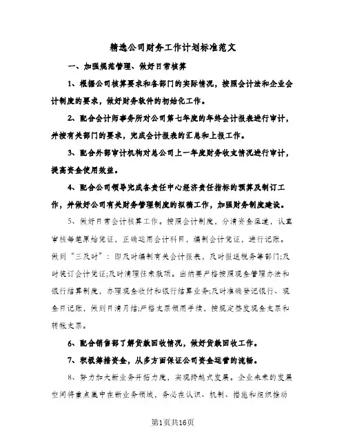 精选公司财务工作计划标准范文(五篇)