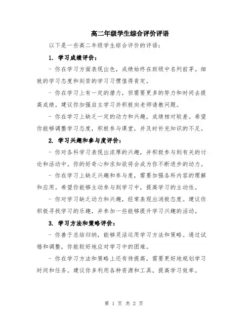 高二年级学生综合评价评语