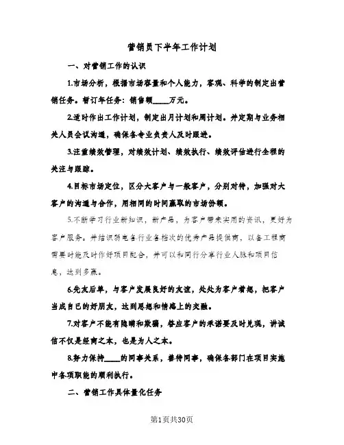 2024年营销员下半年工作计划（五篇）