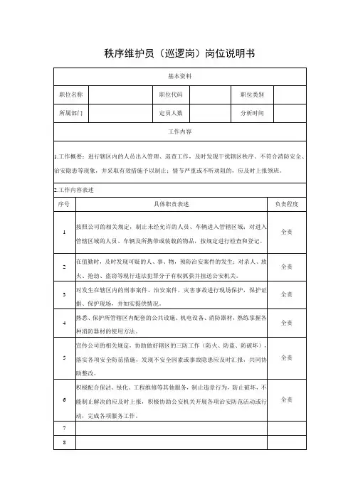 秩序维护员(巡逻岗)岗位说明书