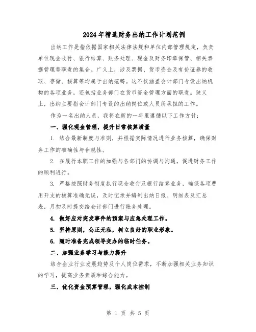2024年精选财务出纳工作计划范例（三篇）