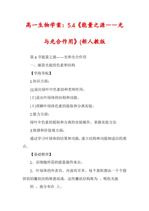 高一生物学案：5.4《能量之源――光与光合作用》(新人教版