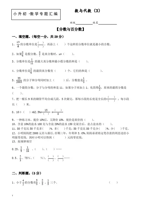 【小升初数学】2019届知识点专项训练：专题(3)数与代数(3)(含答案)