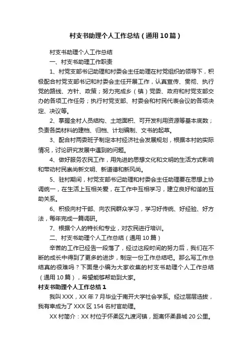 村支书助理个人工作总结（通用10篇）