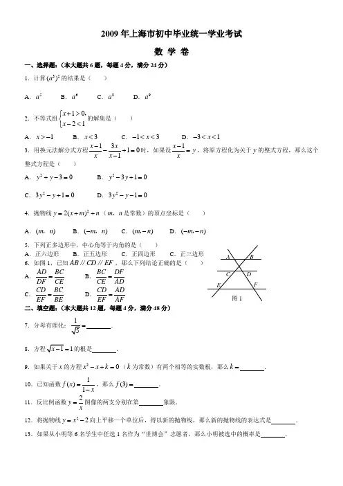 2009年上海市中考数学试题有答案[1]