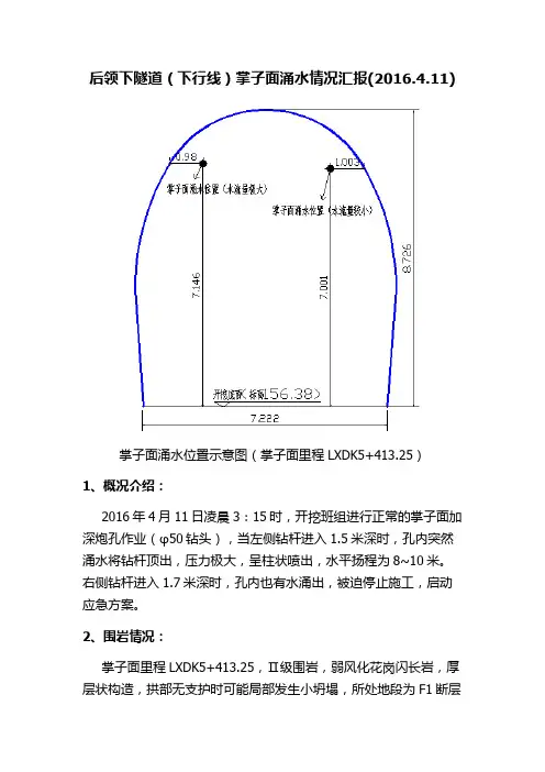 后领下隧道(下行线)掌子面涌水情况汇报2016.4.11