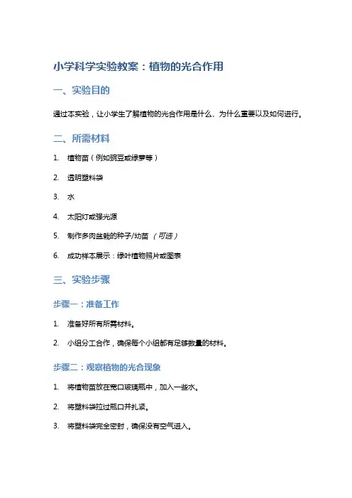 小学科学实验教案：植物的光合作用