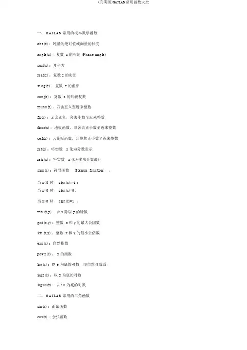(完整版)MATLAB常用函数大全