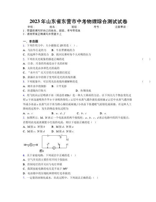2023年山东省东营市中考物理综合测试试卷及解析