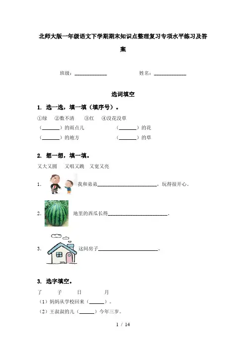 北师大版一年级语文下学期期末知识点整理复习专项水平练习及答案
