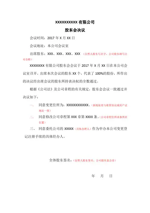 公司地址变更股东会决议-模板