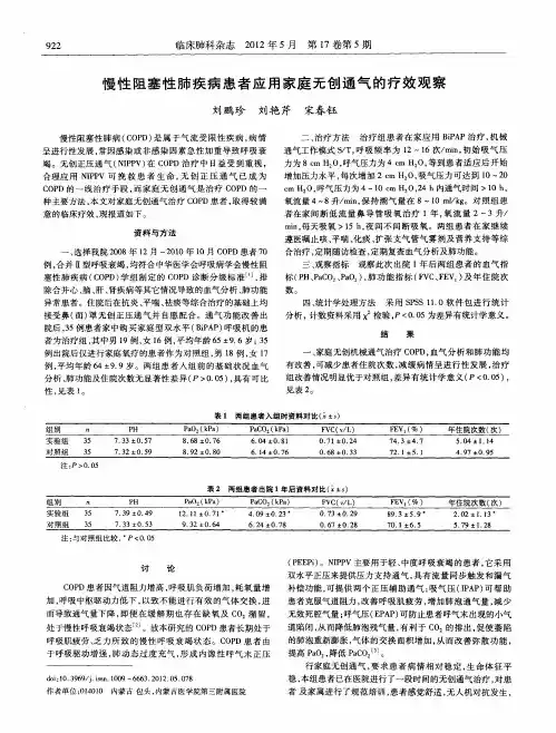 慢性阻塞性肺疾病患者应用家庭无创通气的疗效观察