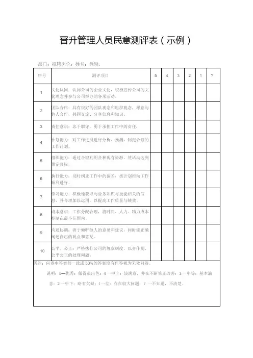 晋升管理人员民意测评表