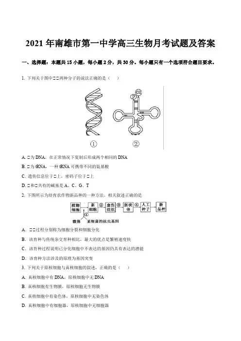 2021年南雄市第一中学高三生物月考试题及答案