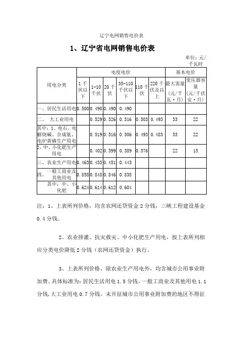 辽宁电网销售电价表