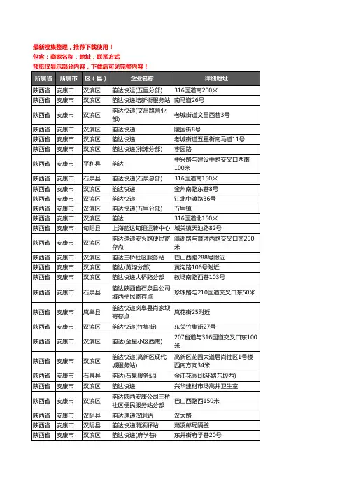 新版陕西省安康市韵达快递企业公司商家户名录单联系方式地址大全46家
