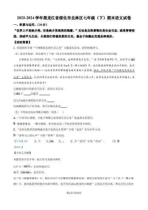 黑龙江省绥化市北林区2023-2024学年七年级下学期期末语文试题(解析版)