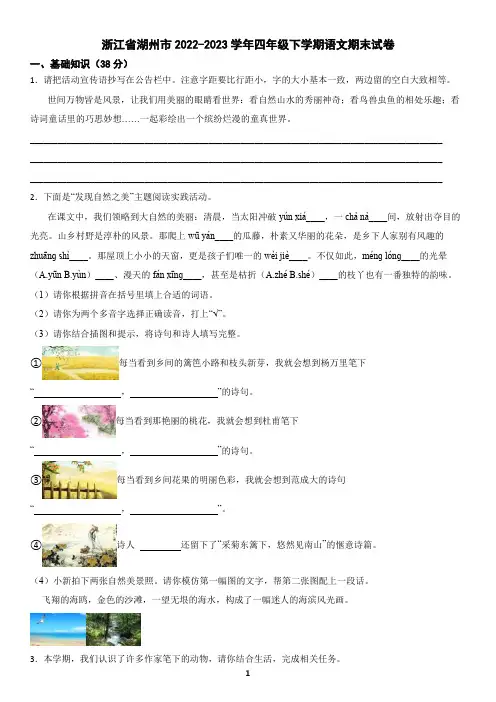 浙江省湖州市2022-2023学年四年级下学期语文期末试卷(含答案)