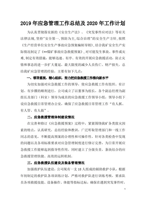 2019年应急管理工作总结及2020年工作计划