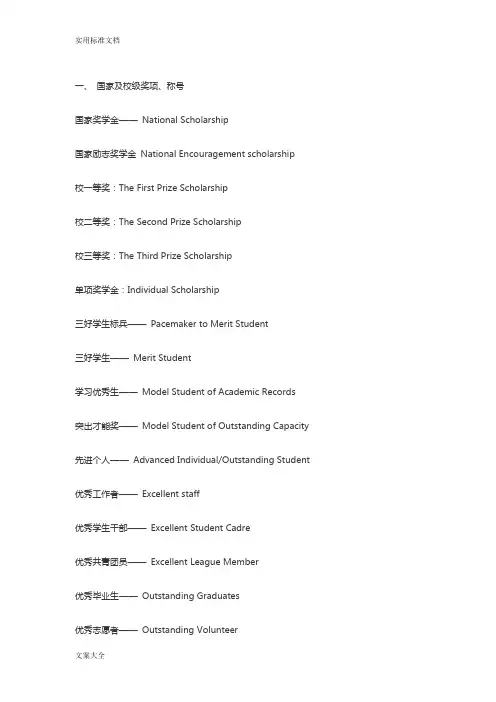 各种奖励证书比赛英文翻译