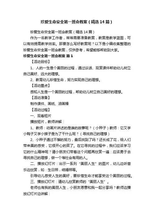 珍爱生命安全第一班会教案（精选14篇）