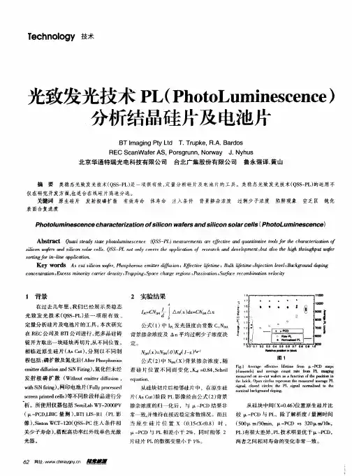 光致发光技术PL(PhotoLuminescence)分析结晶硅片及电池片