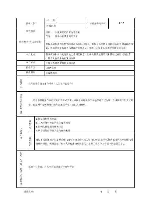 食品营养与健康项目一  人体需要的能量与营养素