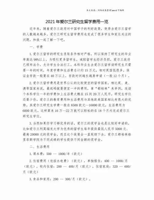 2021年爱尔兰研究生留学费用一览.doc