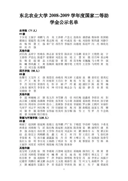 东北农业大学2008-2009学年度国家二等助学金公示名单