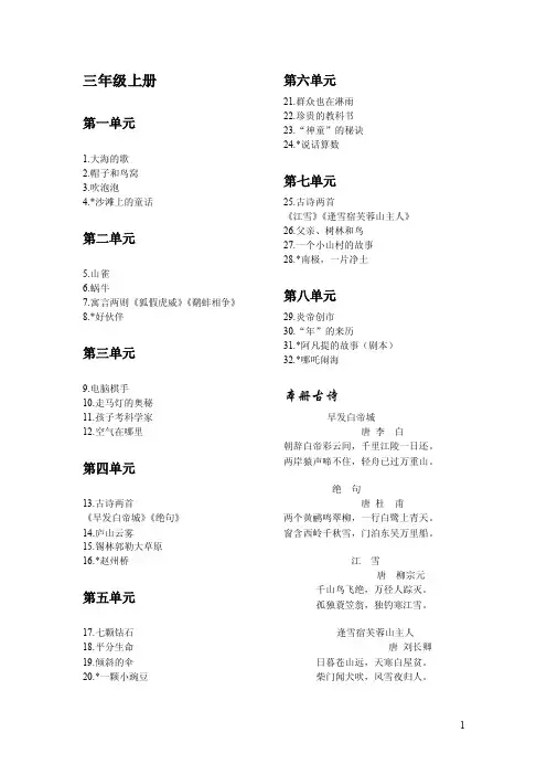 s版三年级到五年级语文课本目录及古诗【可编辑】