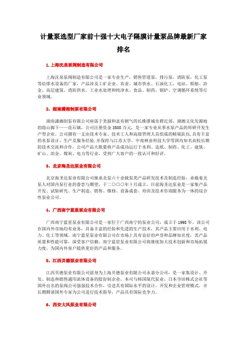 计量泵选型厂家前十强十大电子隔膜计量泵品牌最新厂家排名