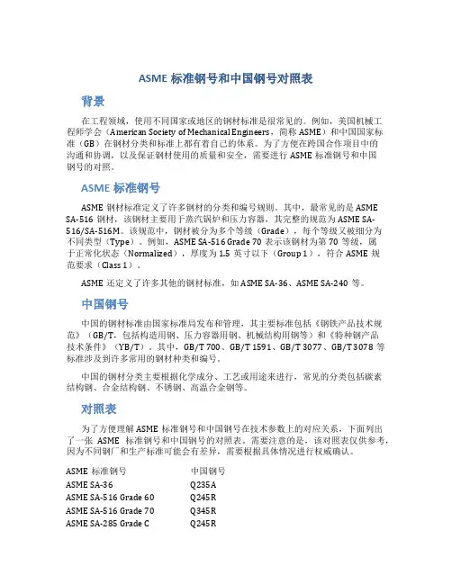 ASME标准钢号和中国钢号对照表