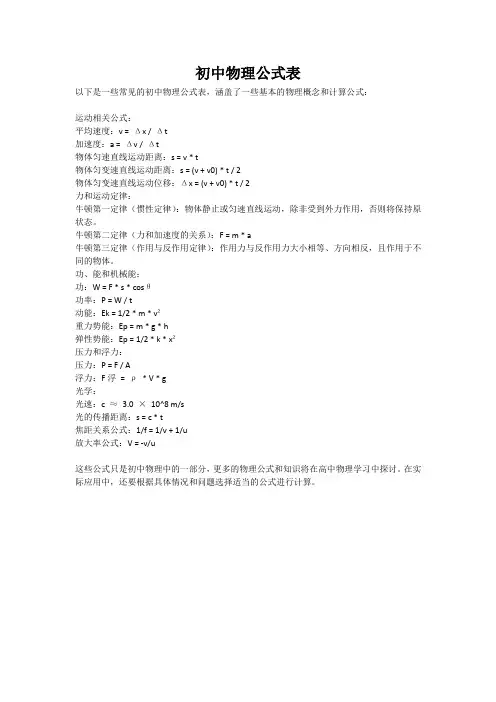 初中物理公式表