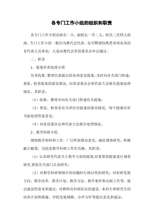 各专门工作小组的组织和职责