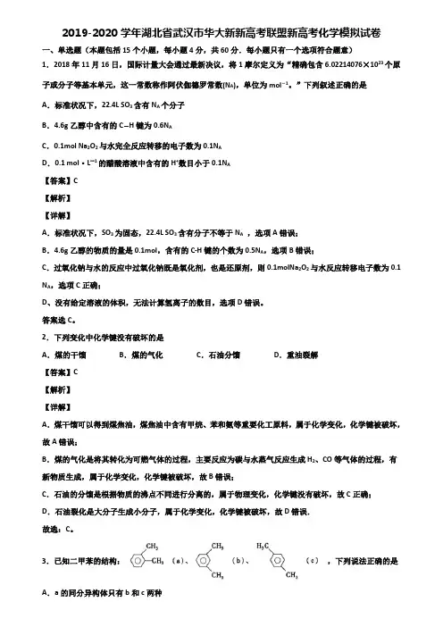 2019-2020学年湖北省武汉市华大新新高考联盟新高考化学模拟试卷含解析