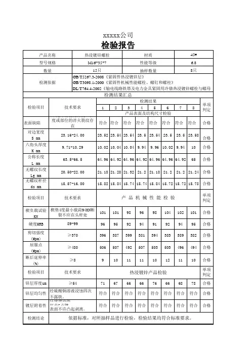 热镀锌螺栓检测报告