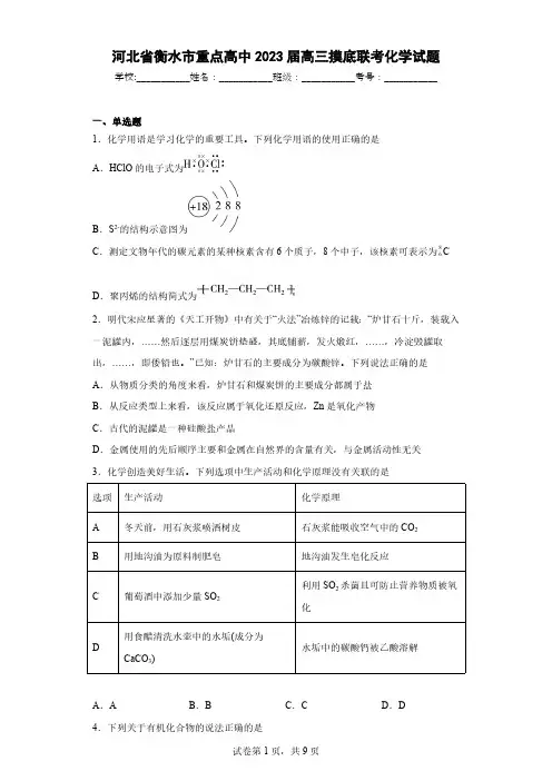 河北省衡水市重点高中2023届高三摸底联考化学试题PDF版含解析