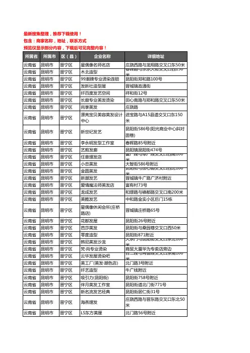 新版云南省昆明市晋宁区美容美发企业公司商家户名录单联系方式地址大全136家