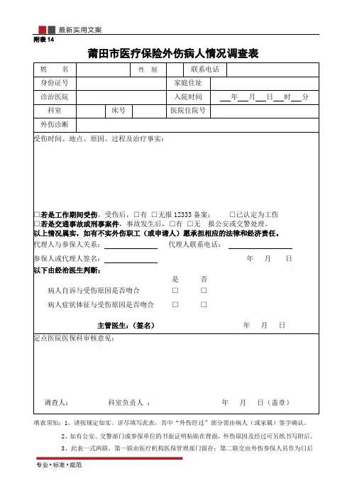 【范本】医疗保险外伤病人情况调查表(标准模板)