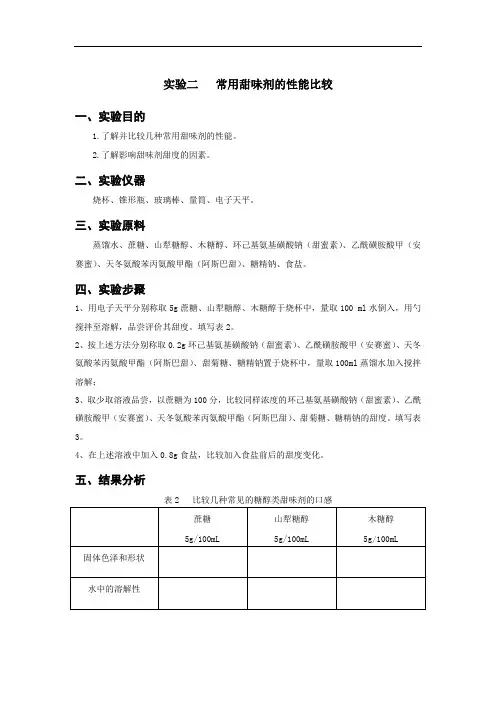 实验二常用甜味剂的性能比较